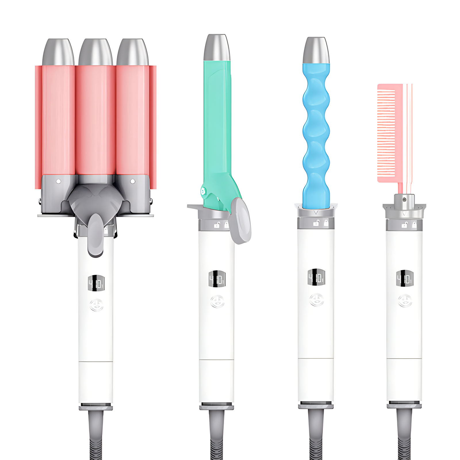 LCD Display Interchangeable Head 4 in 1 Triple Barrel Ceramic Curling Iron Hair Curler Wand