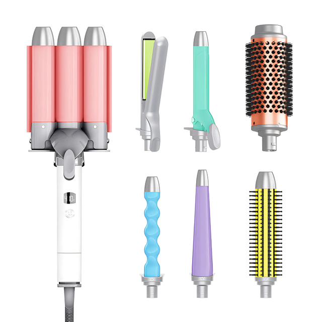 NB WIDE 7 in 1 Hot Comb Triple Barrel Multifunctional Curling Iron Interchangeable Curling Wand Set Ceramic Head PTC Electric